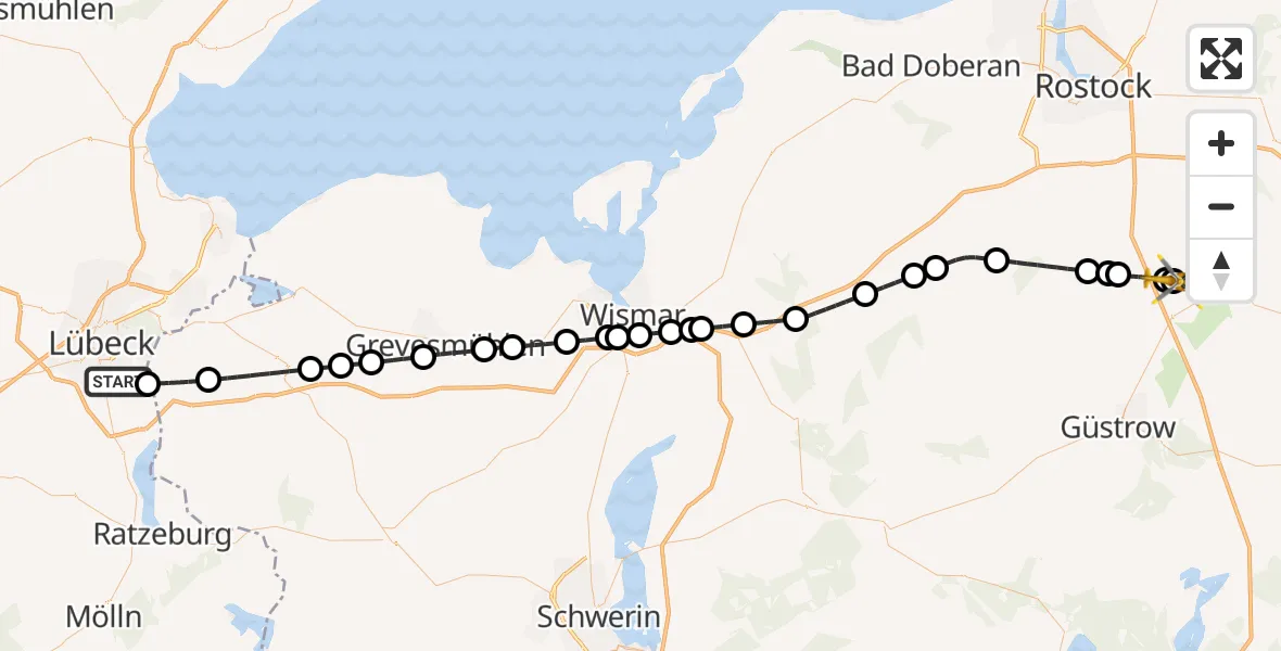 Flugroute Rettungshubschrauber Lübeck - Flughafen Rostock-Laage, 11 Juni 2026, 23:44