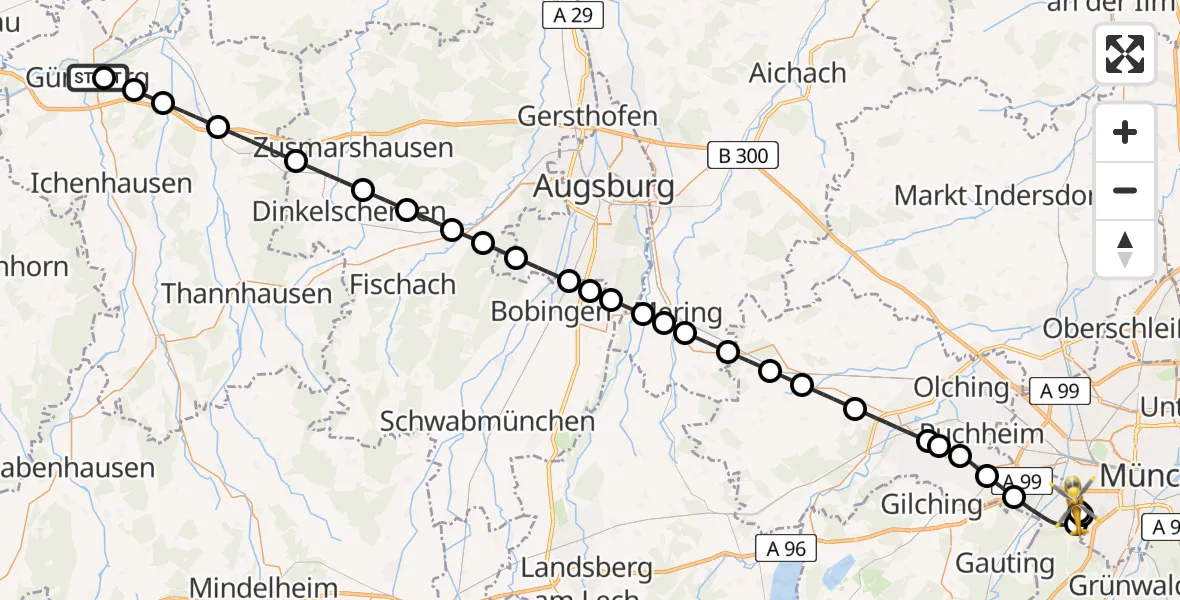 Flugroute Rettungshubschrauber Günzburg Hospital - DRF Air Rescue München Hubschrauberlandeplatz, 12 Juni 2026, 00:09