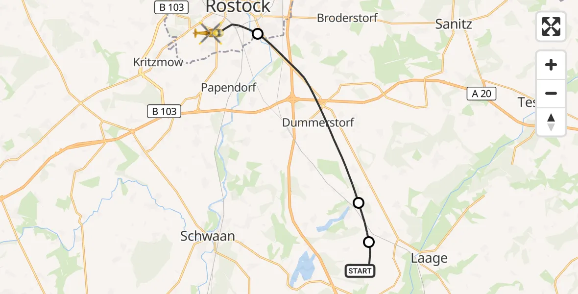 Flugroute Rettungshubschrauber Flughafen Rostock-Laage - Rostock, 12 Juni 2026, 00:31