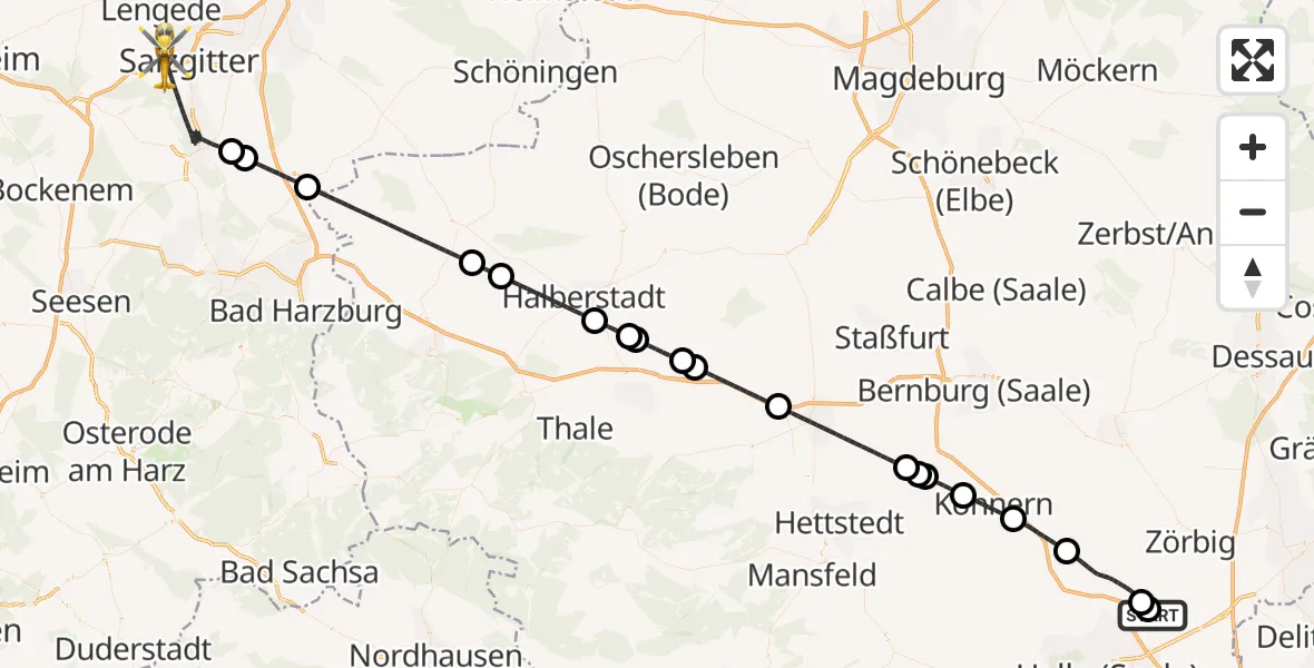 Flugroute Rettungshubschrauber Halle-Oppin Flugplatz - Salzgitter, 12 Juni 2026, 00:45