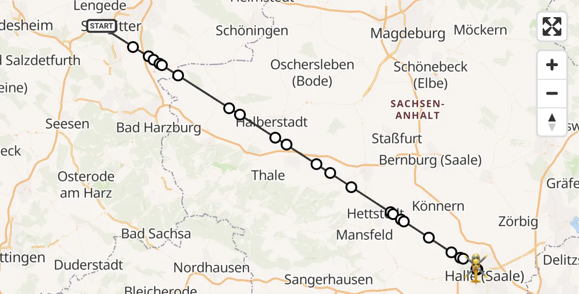 Flugroute Rettungshubschrauber Salzgitter - Halle (Saale) University Hospital, 12 Juni 2026, 02:34