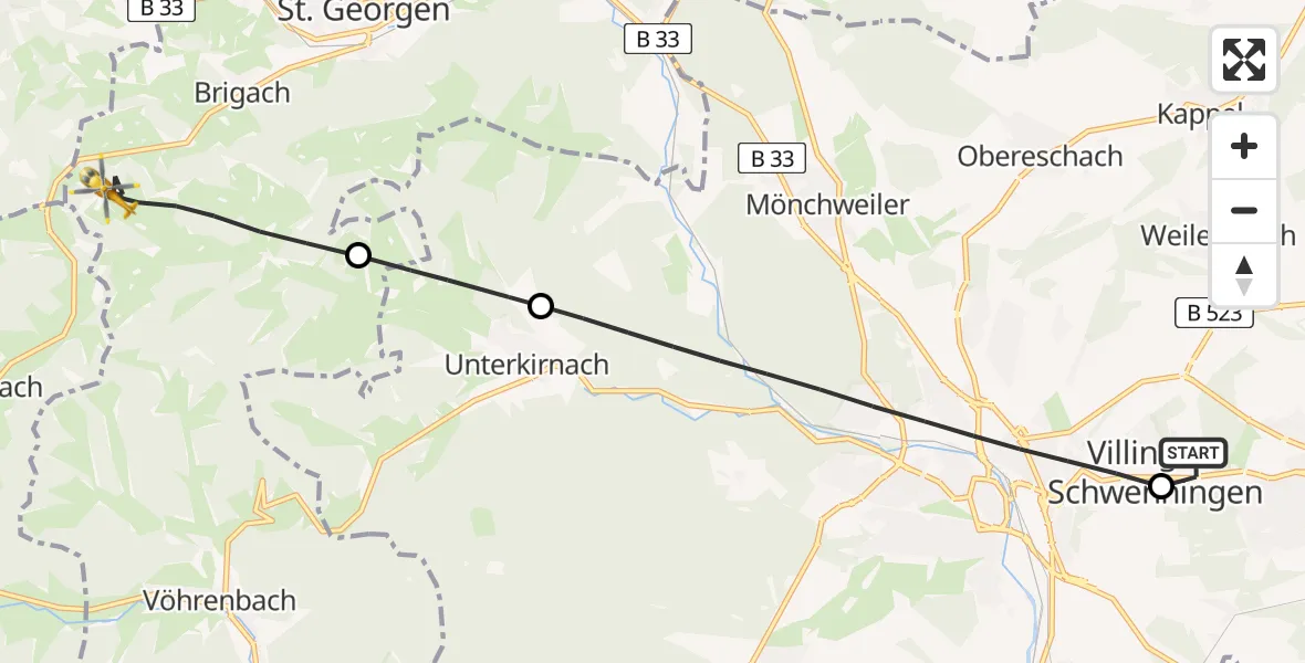 Flugroute Ambulanzhubschrauber DRF Air Rescue Station Villingen-Schwenningen Hubschrauberlandeplatz (Christoph 11) - St. Georgen im Schwarzwald, 12 Juni 2026, 03:39
