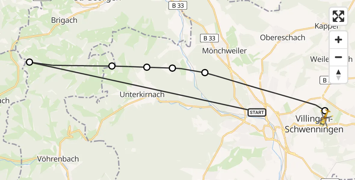 Flugroute Ambulanzhubschrauber Villingen-Schwenningen - DRF Air Rescue Station Villingen-Schwenningen Hubschrauberlandeplatz (Christoph 11), 12 Juni 2026, 04:02