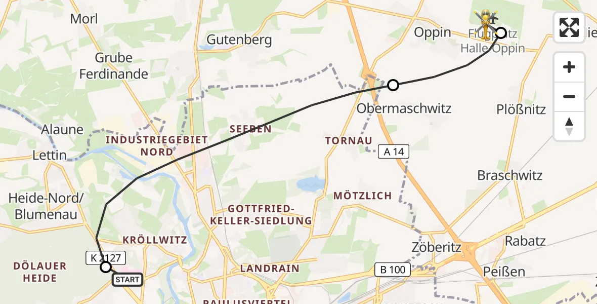 Flugroute Rettungshubschrauber Halle (Saale) University Hospital - Halle-Oppin Flugplatz, 12 Juni 2026, 04:08