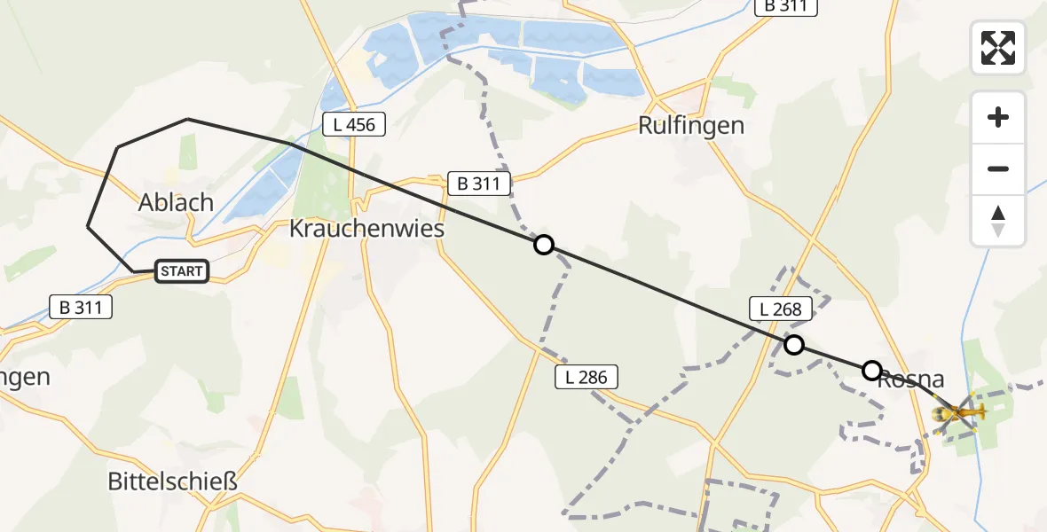Flugroute Ambulanzhubschrauber Krauchenwies - Ostrach, 12 Juni 2026, 04:48