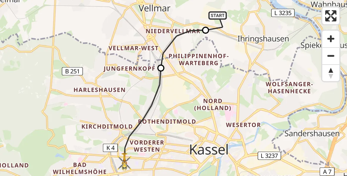 Flugroute Rettungshubschrauber Fuldatal Bundespolizei Hubschrauberlandeplatz - Kassel, 12 Juni 2026, 05:02