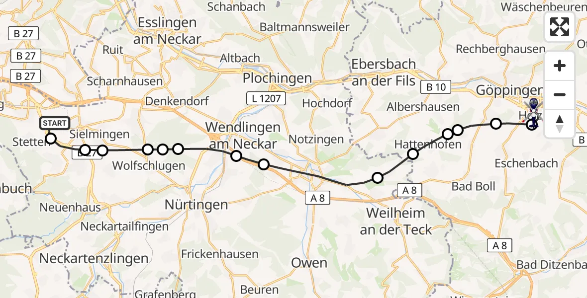 Flugroute Polizeihubschrauber Flughafen Stuttgart - Göppingen, 12 Juni 2026, 05:03