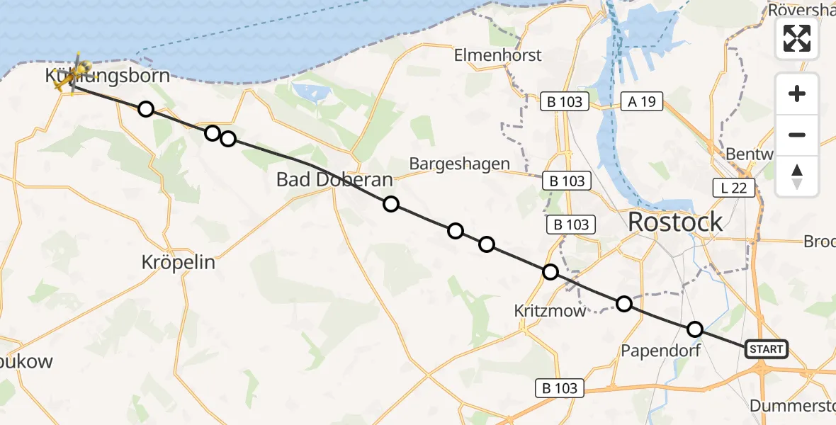 Flugroute Ambulanzhubschrauber Dummerstorf - Kühlungsborn, 12 Juni 2026, 05:07