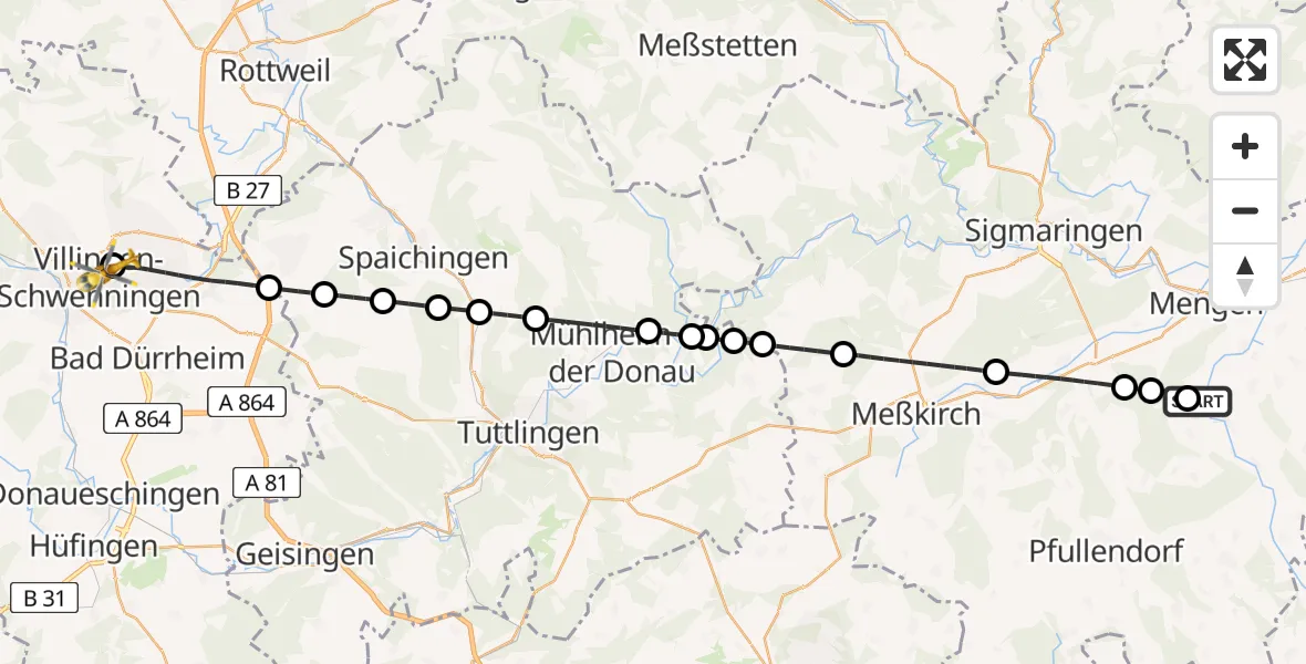 Flugroute Ambulanzhubschrauber Mengen - DRF Air Rescue Station Villingen-Schwenningen Hubschrauberlandeplatz (Christoph 11), 12 Juni 2026, 05:18