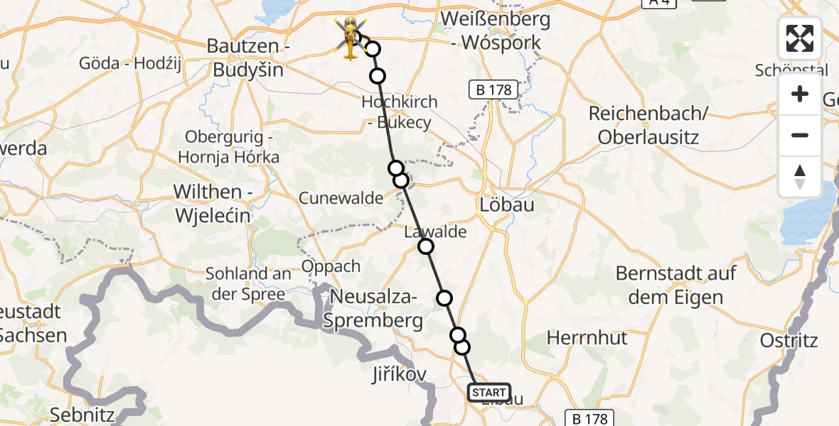 Flugroute Rettungshubschrauber Kottmar - Bautzen Flugplatz, 12 Juni 2026, 05:38