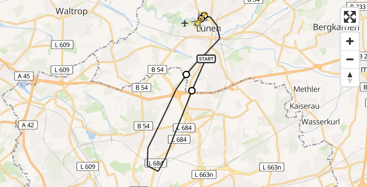 Flugroute Rettungshubschrauber Lünen - Sankt Marien Hospital, 12 Juni 2026, 05:38