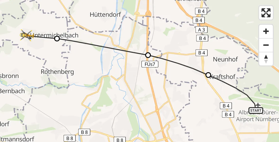 Flugroute Ambulanzhubschrauber Flughafen Nuremberg - Obermichelbach, 12 Juni 2026, 05:56