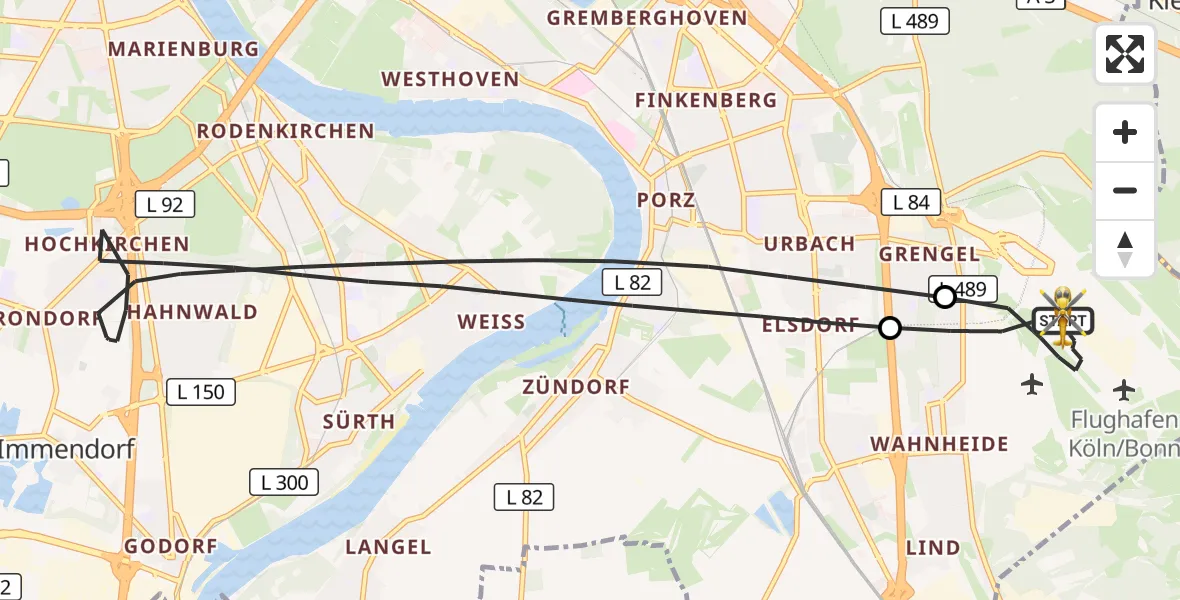 Flugroute Rettungshubschrauber Köln Bonn Flughafen - Köln Bonn Flughafen, 12 Juni 2026, 06:23