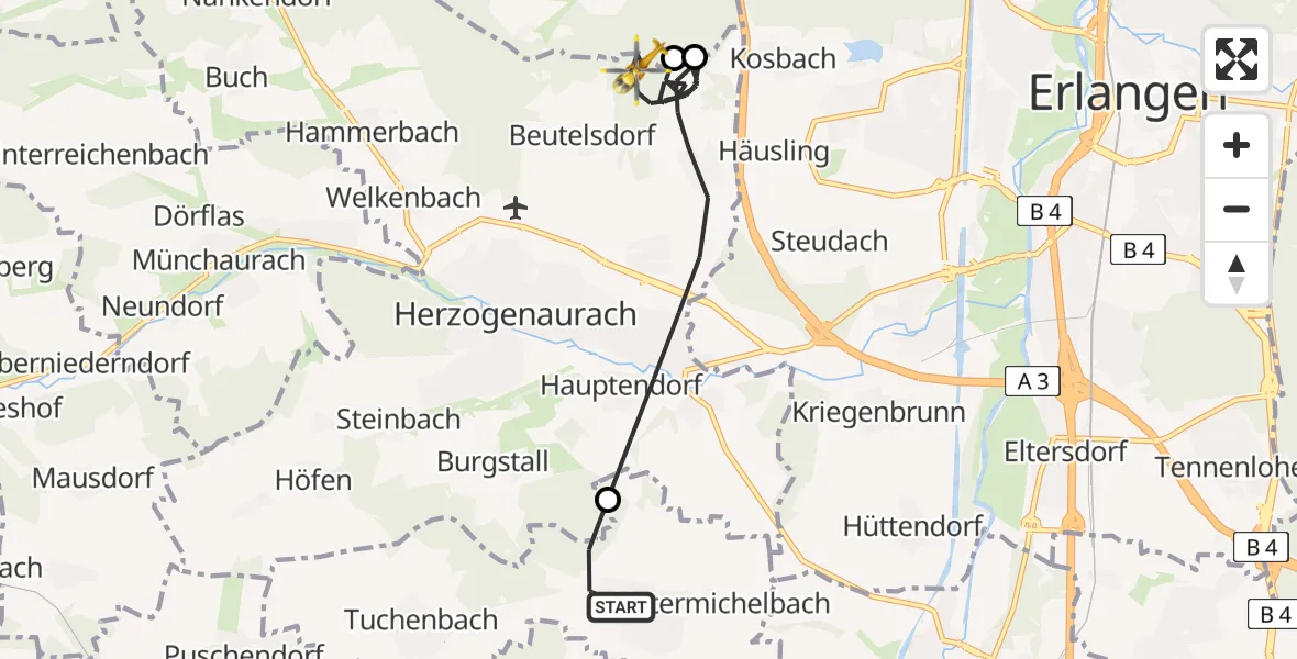 Flugroute Ambulanzhubschrauber Obermichelbach - Herzogenaurach, 12 Juni 2026, 06:34