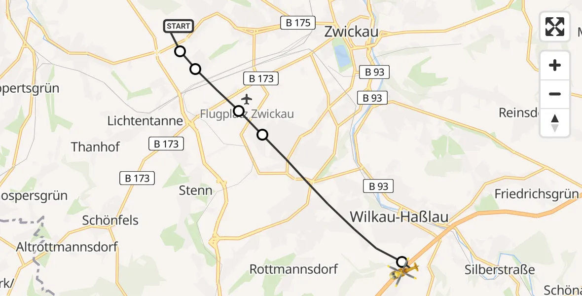 Flugroute Rettungshubschrauber ADAC Air Rescue Station Zwickau Hubschrauberlandeplatz - Wilkau-Haßlau, 12 Juni 2026, 06:38