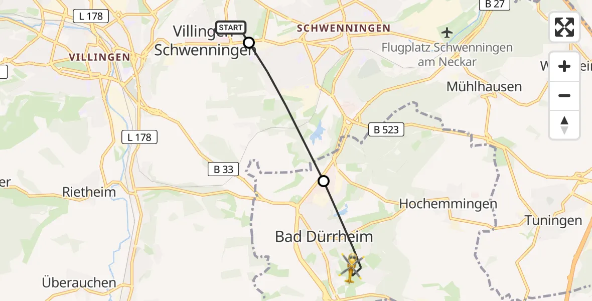 Flugroute Ambulanzhubschrauber DRF Air Rescue Station Villingen-Schwenningen Hubschrauberlandeplatz (Christoph 11) - Bad Dürrheim, 12 Juni 2026, 06:43