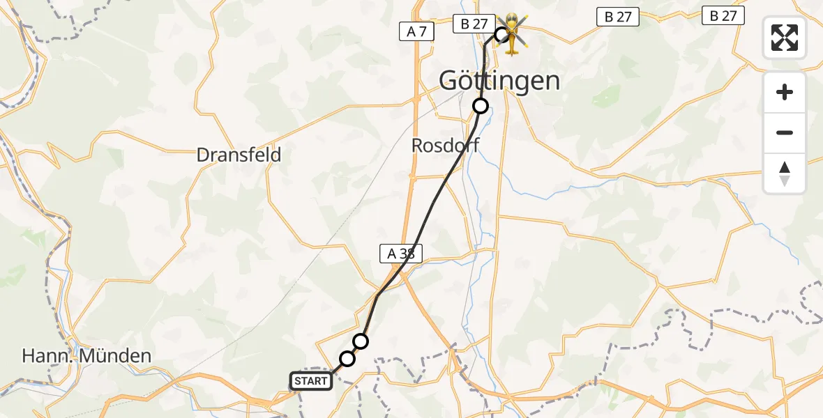 Flugroute Rettungshubschrauber Witzenhausen - Göttingen University Clinic Hubschrauberlandeplatz, 12 Juni 2026, 06:45