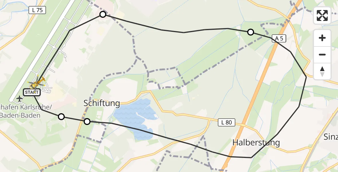 Flugroute Rettungshubschrauber Karlsruhe Baden-Baden Flughafen - Karlsruhe Baden-Baden Flughafen, 12 Juni 2026, 07:02