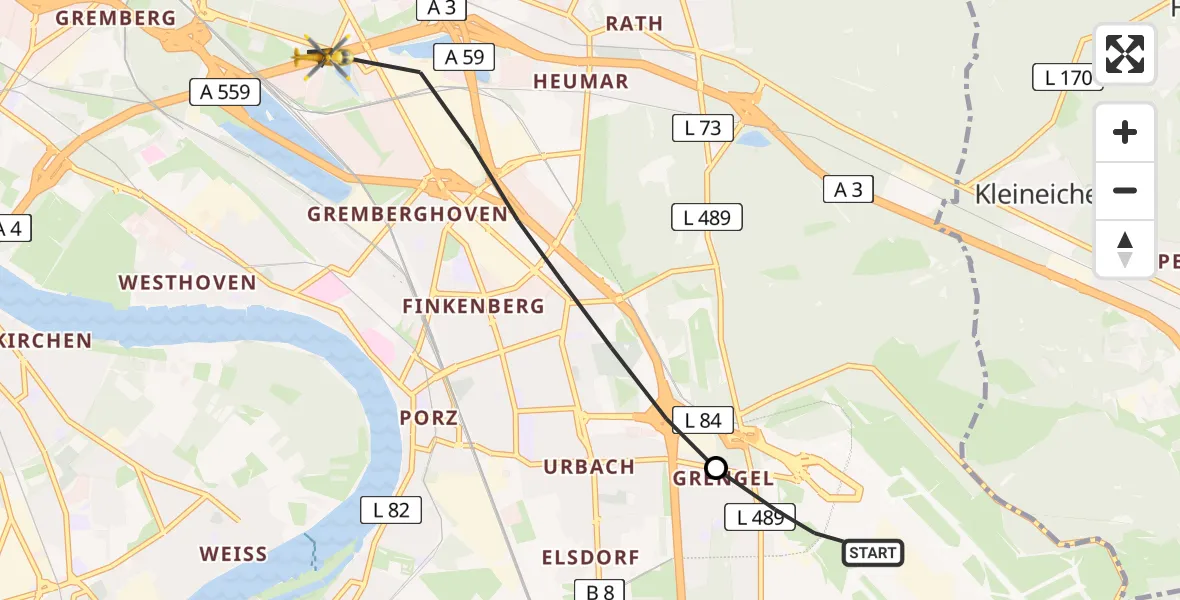 Flugroute Rettungshubschrauber Köln Bonn Flughafen - Köln, 12 Juni 2026, 07:16