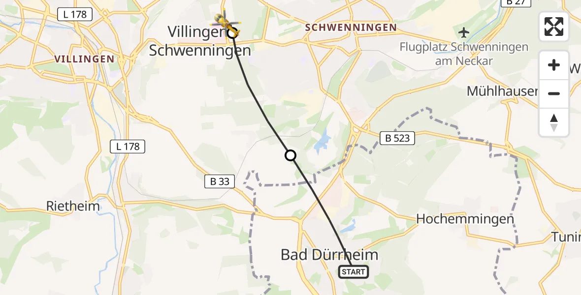Flugroute Ambulanzhubschrauber Bad Dürrheim - DRF Air Rescue Station Villingen-Schwenningen Hubschrauberlandeplatz (Christoph 11), 12 Juni 2026, 07:22