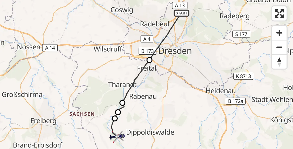 Flugroute Polizeihubschrauber Dresden - Klingenberg, 12 Juni 2026, 07:26