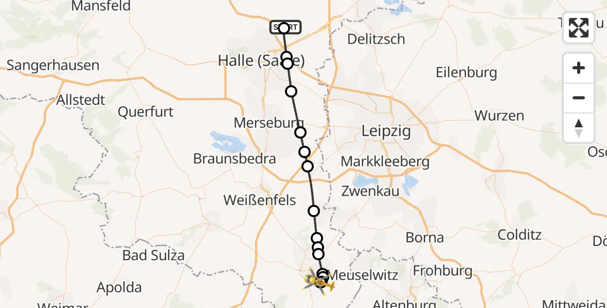 Flugroute Rettungshubschrauber Halle-Oppin Flugplatz - Zeitz Hospital, 12 Juni 2026, 07:41