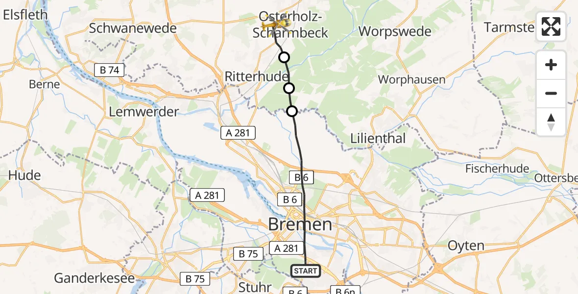Flugroute Rettungshubschrauber Bremen - Osterholz-Scharmbeck, 12 Juni 2026, 07:55