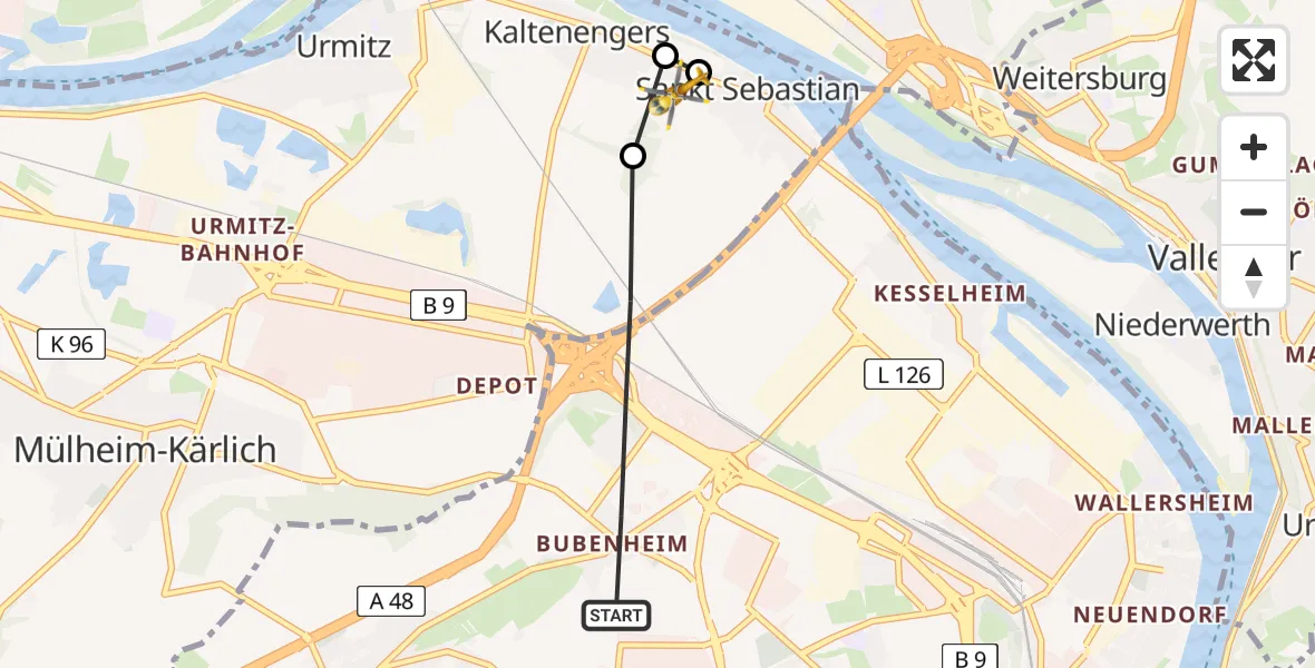Flugroute Rettungshubschrauber Koblenz - Sankt Sebastian, 12 Juni 2026, 08:16