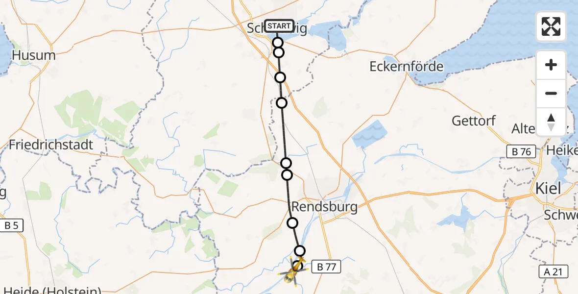 Flugroute Ambulanzhubschrauber Schleswig - Rendsburg-Schachtholm Flugplatz, 12 Juni 2026, 08:18