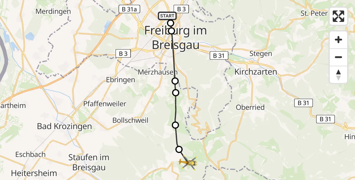 Flugroute Rettungshubschrauber Freiburg im Breisgau - Münstertal/Schwarzwald, 12 Juni 2026, 08:18