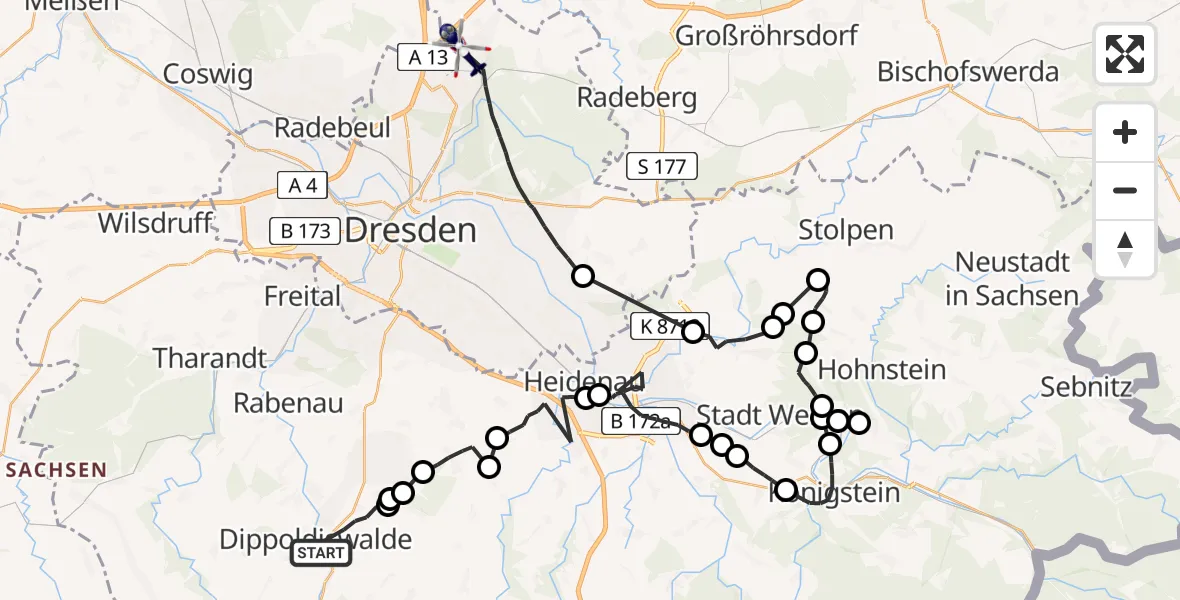 Flugroute Polizeihubschrauber Dippoldiswalde - Dresden, 12 Juni 2026, 08:20