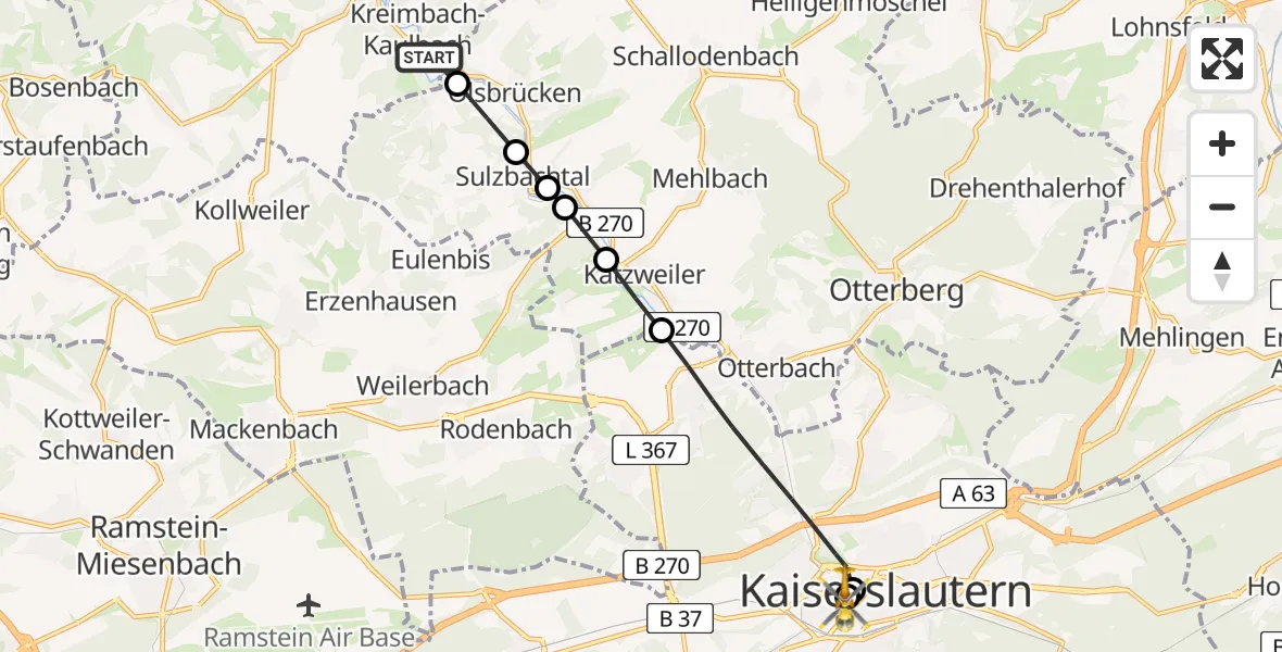 Flugroute Rettungshubschrauber Kreimbach-Kaulbach - Westpfalz Hospital Kaiserslautern, 12 Juni 2026, 08:27