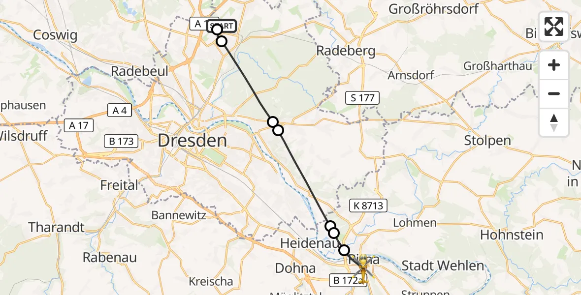 Flugroute Rettungshubschrauber Dresden Bundespolizei Hubschrauberlandeplatz - Pirna, 12 Juni 2026, 08:29