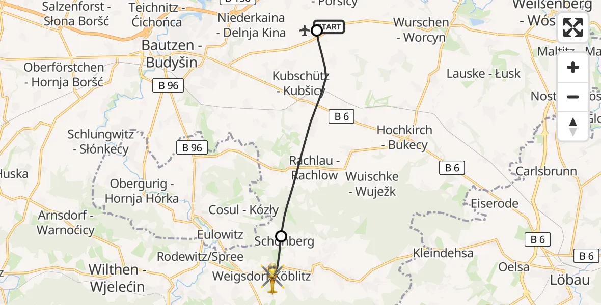 Flugroute Rettungshubschrauber Bautzen Flugplatz - Cunewalde, 12 Juni 2026, 08:32
