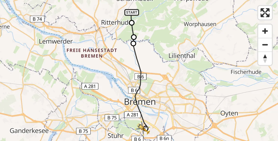 Flugroute Rettungshubschrauber Osterholz-Scharmbeck - ADAC Air Rescue Station Bremen Hubschrauberlandeplatz (Christoph 6), 12 Juni 2026, 08:42