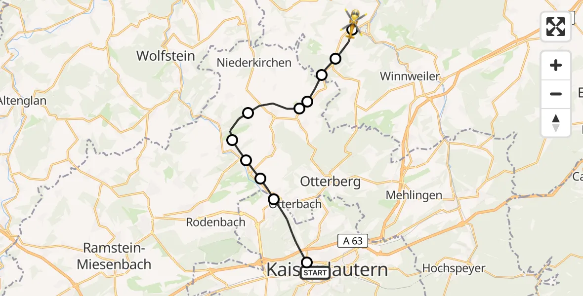 Flugroute Rettungshubschrauber Westpfalz Hospital Kaiserslautern - Imsweiler UL, 12 Juni 2026, 08:48