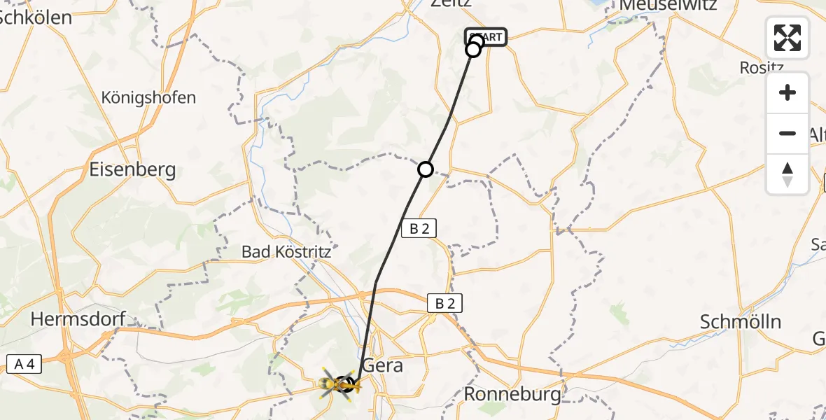 Flugroute Rettungshubschrauber Zeitz Hospital - SRH Wald-Klinikum Gera Hospital, 12 Juni 2026, 08:50