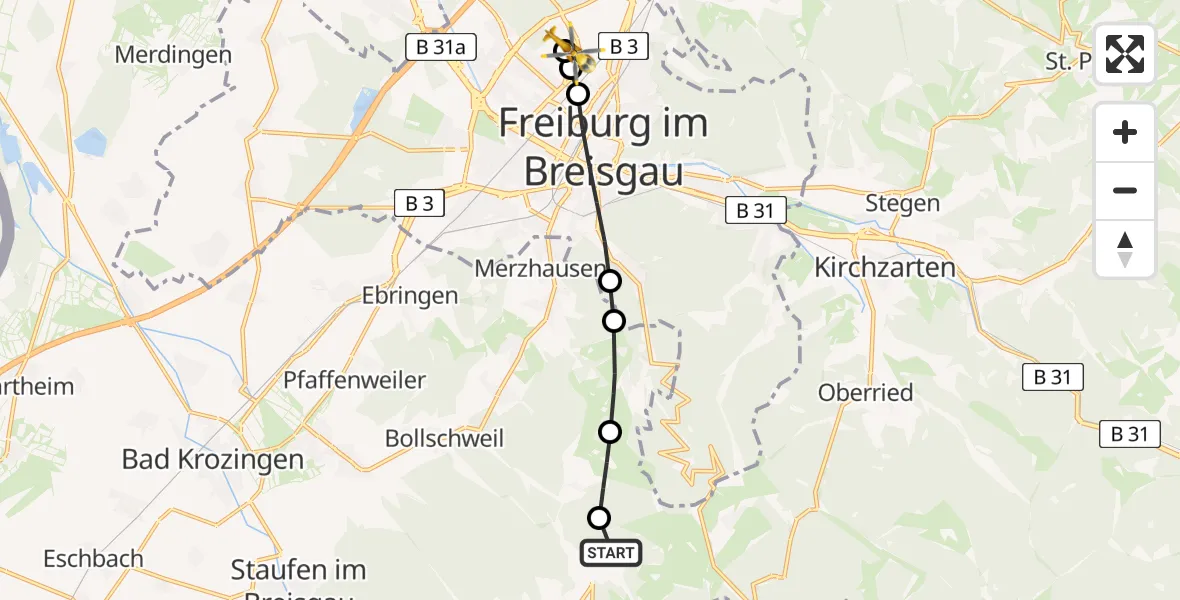 Flugroute Rettungshubschrauber Münstertal/Schwarzwald - Freiburg im Breisgau Flugplatz, 12 Juni 2026, 09:01