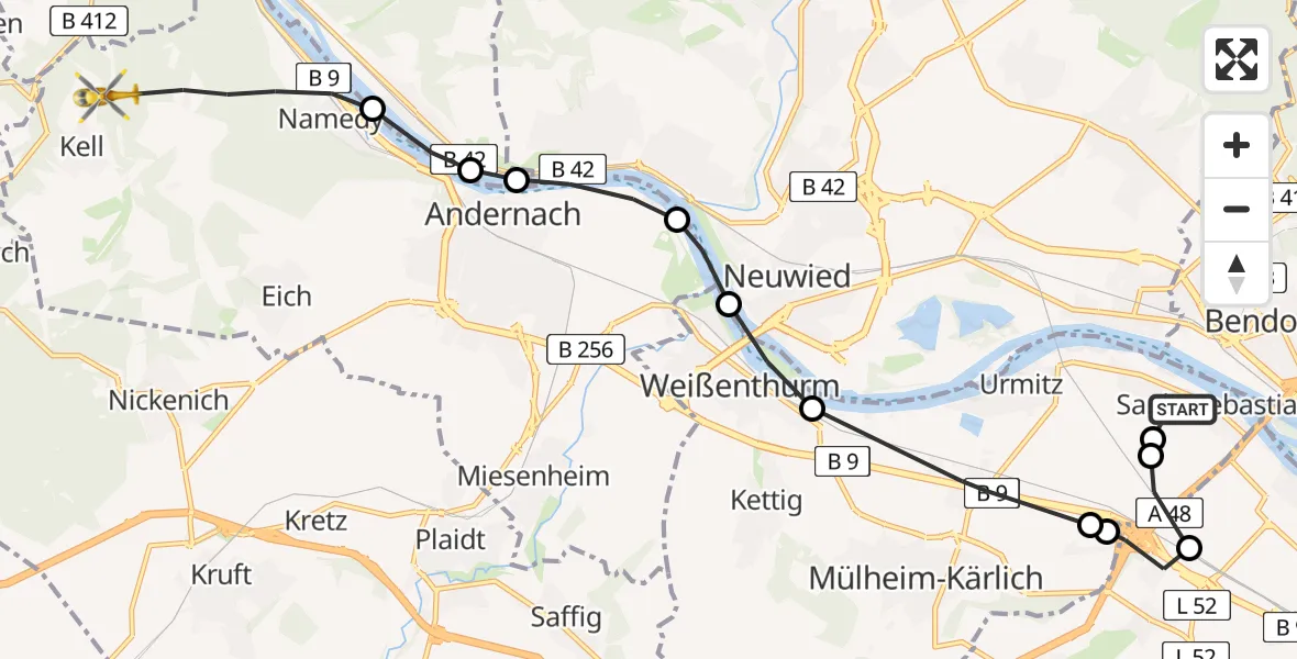 Flugroute Rettungshubschrauber Sankt Sebastian - Andernach, 12 Juni 2026, 09:12