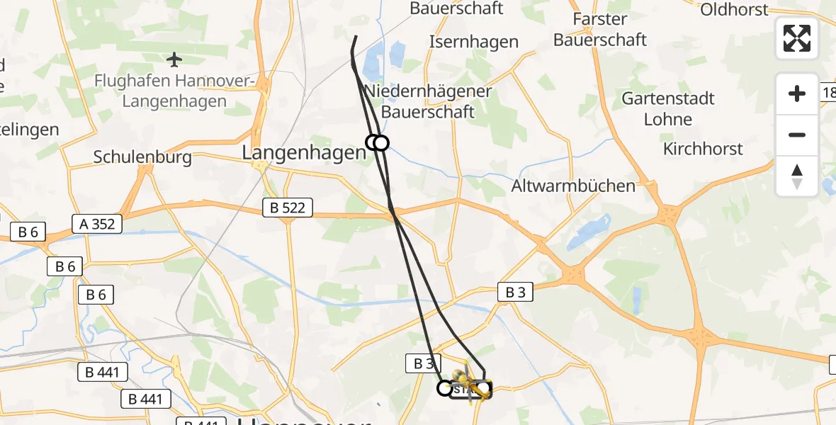 Flugroute Rettungshubschrauber Hannover Luftrettung Hubschrauberlandeplatz (Christoph 4) - Hannover Luftrettung Hubschrauberlandeplatz (Christoph 4), 12 Juni 2026, 09:13