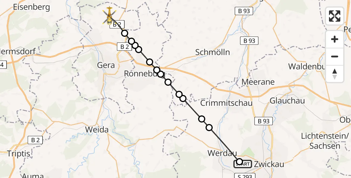 Flugroute Rettungshubschrauber ADAC Air Rescue Station Zwickau Hubschrauberlandeplatz - Gera, 12 Juni 2026, 09:18
