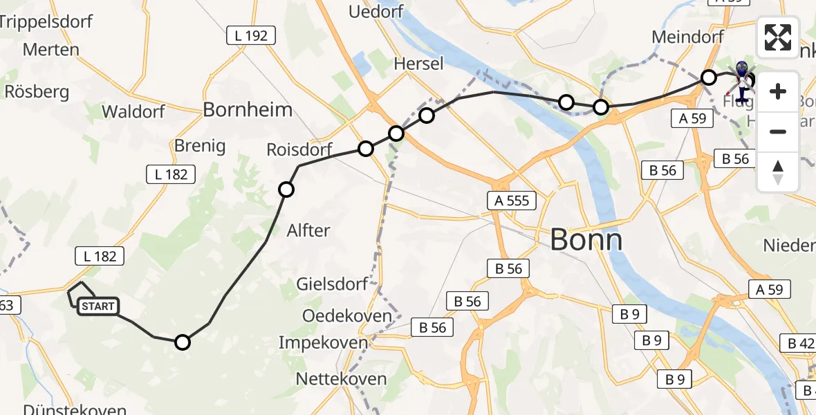 Flugroute Polizeihubschrauber Swisttal - Sankt Augustin, 12 Juni 2026, 09:20