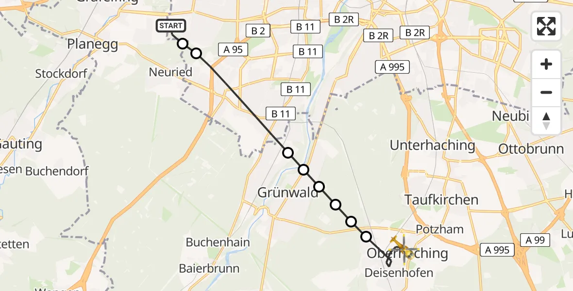 Flugroute Rettungshubschrauber DRF Air Rescue München Hubschrauberlandeplatz - Oberhaching, 12 Juni 2026, 09:29