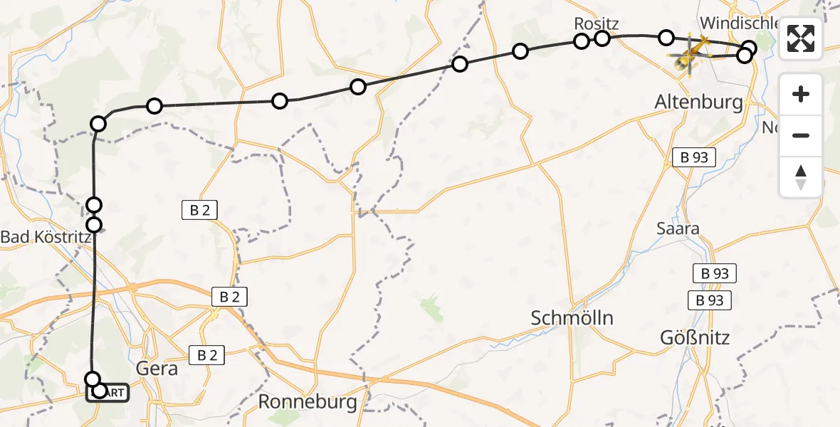 Flugroute Rettungshubschrauber SRH Wald-Klinikum Gera Hospital - Altenburg, 12 Juni 2026, 09:33