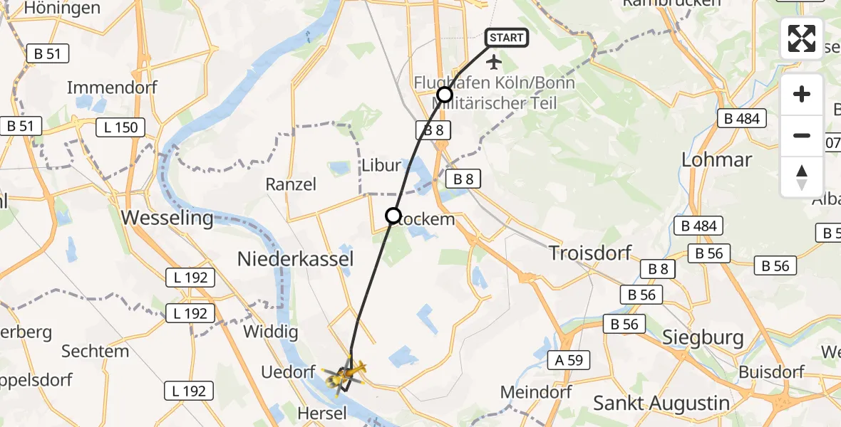Flugroute Rettungshubschrauber Köln Bonn Flughafen - Niederkassel, 12 Juni 2026, 09:35
