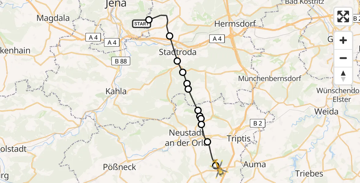 Flugroute Rettungshubschrauber Jena - Neustadt an der Orla, 12 Juni 2026, 09:41