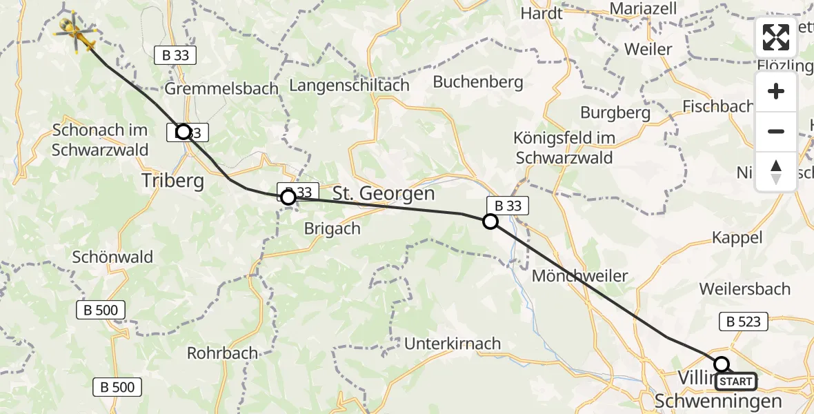 Flugroute Ambulanzhubschrauber DRF Air Rescue Station Villingen-Schwenningen Hubschrauberlandeplatz (Christoph 11) - Schonach im Schwarzwald, 12 Juni 2026, 09:49