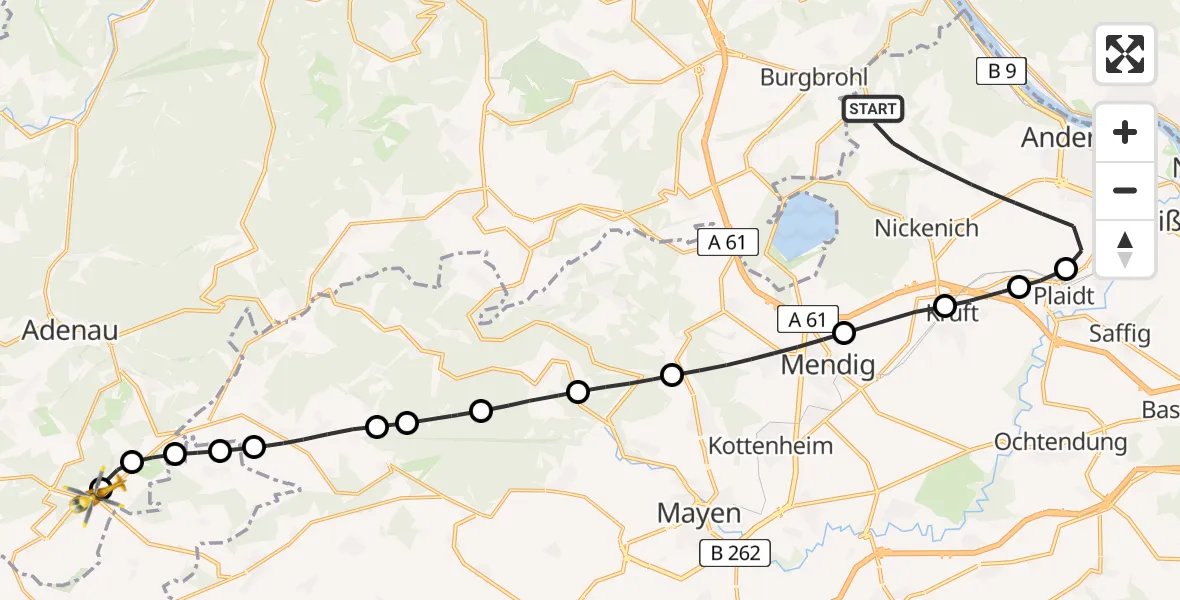 Flugroute Rettungshubschrauber Andernach - Nürburgring Hubschrauberlandeplatz, 12 Juni 2026, 09:50
