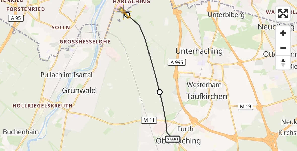 Flugroute Rettungshubschrauber Oberhaching - ADAC Air Rescue Center Hubschrauberlandeplatz (Christoph 1), 12 Juni 2026, 09:51
