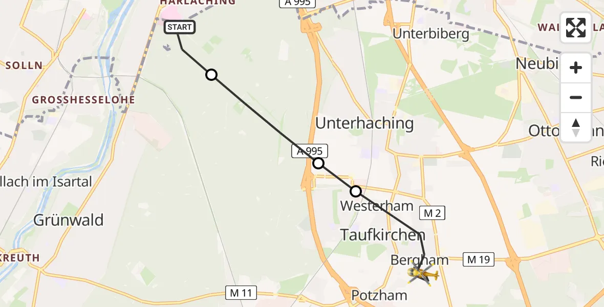 Flugroute Rettungshubschrauber ADAC Air Rescue Center Hubschrauberlandeplatz (Christoph 1) - Taufkirchen, 12 Juni 2026, 09:55